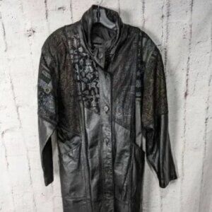 Pelle VTG Black Shoulder Patchwork Boho Genuine Leather Midi Maxi Trench Coat Sz